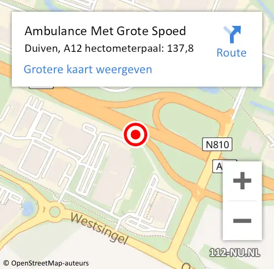 Locatie op kaart van de 112 melding: Ambulance Met Grote Spoed Naar Duiven, A12 hectometerpaal: 137,8 op 26 januari 2023 02:45