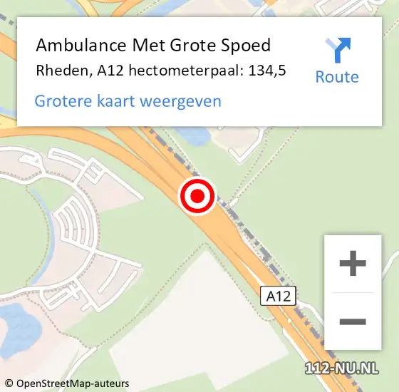 Locatie op kaart van de 112 melding: Ambulance Met Grote Spoed Naar Rheden, A12 hectometerpaal: 134,5 op 26 januari 2023 02:47