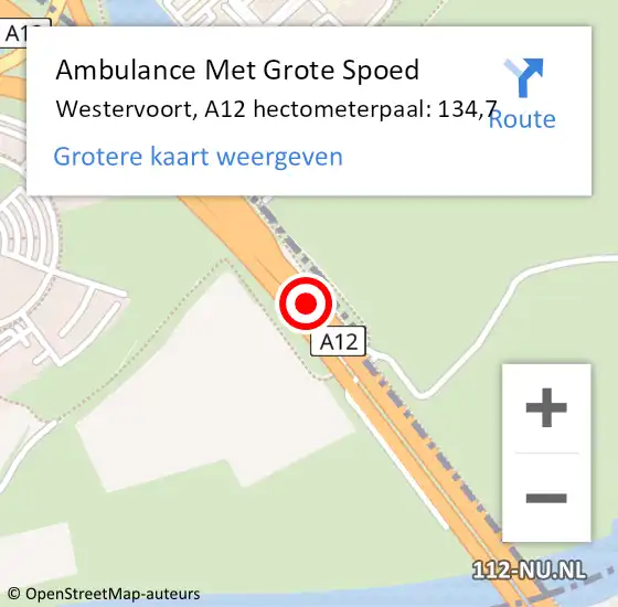 Locatie op kaart van de 112 melding: Ambulance Met Grote Spoed Naar Westervoort, A12 hectometerpaal: 134,7 op 26 januari 2023 03:23