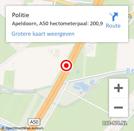 Locatie op kaart van de 112 melding: Politie Apeldoorn, A50 hectometerpaal: 200,9 op 26 januari 2023 06:39