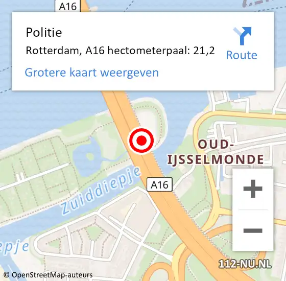 Locatie op kaart van de 112 melding: Politie Krimpen aan den IJssel, A16 hectometerpaal: 21,2 op 26 januari 2023 06:40