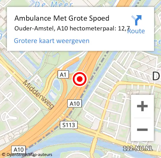 Locatie op kaart van de 112 melding: Ambulance Met Grote Spoed Naar Ouder-Amstel, A10 hectometerpaal: 12,7 op 26 januari 2023 07:35