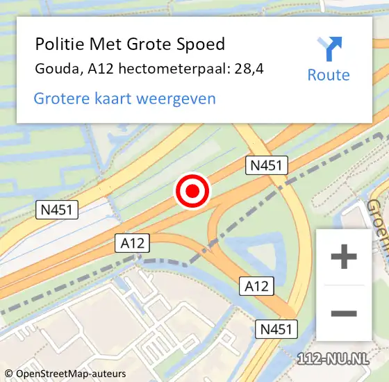 Locatie op kaart van de 112 melding: Politie Met Grote Spoed Naar Gouda, A12 hectometerpaal: 28,4 op 26 januari 2023 07:44