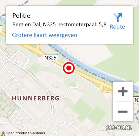 Locatie op kaart van de 112 melding: Politie Berg en Dal, N325 hectometerpaal: 5,8 op 26 januari 2023 09:07