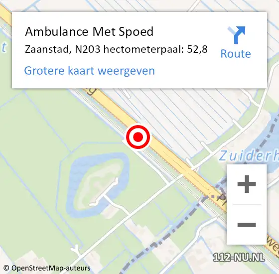 Locatie op kaart van de 112 melding: Ambulance Met Spoed Naar Zaanstad, N203 hectometerpaal: 52,8 op 26 januari 2023 09:27