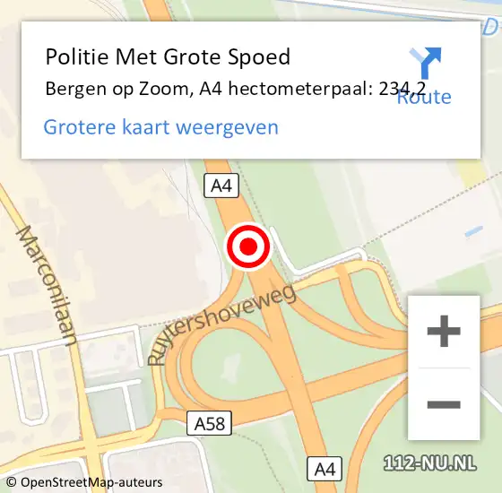 Locatie op kaart van de 112 melding: Politie Met Grote Spoed Naar Bergen op Zoom, A4 hectometerpaal: 234,2 op 26 januari 2023 10:53