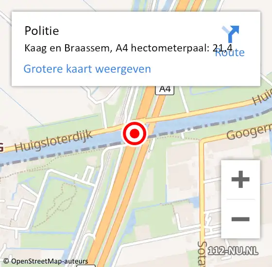 Locatie op kaart van de 112 melding: Politie Kaag en Braassem, A4 hectometerpaal: 21,4 op 26 januari 2023 13:20