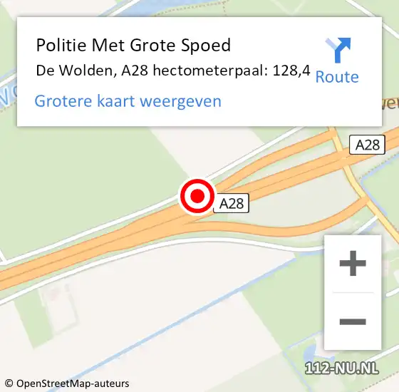 Locatie op kaart van de 112 melding: Politie Met Grote Spoed Naar De Wolden, A28 hectometerpaal: 128,4 op 26 januari 2023 14:20