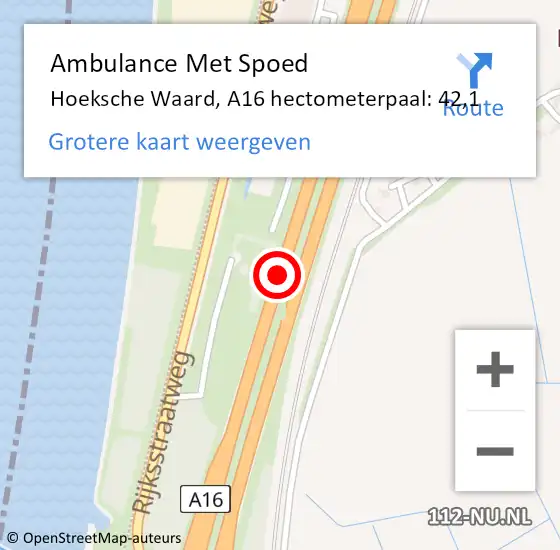 Locatie op kaart van de 112 melding: Ambulance Met Spoed Naar Hoeksche Waard, A16 hectometerpaal: 42,1 op 26 januari 2023 16:22