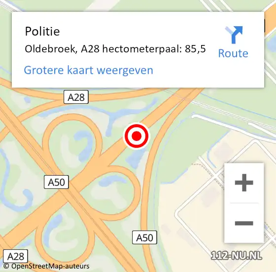 Locatie op kaart van de 112 melding: Politie Oldebroek, A28 hectometerpaal: 85,5 op 26 januari 2023 16:52