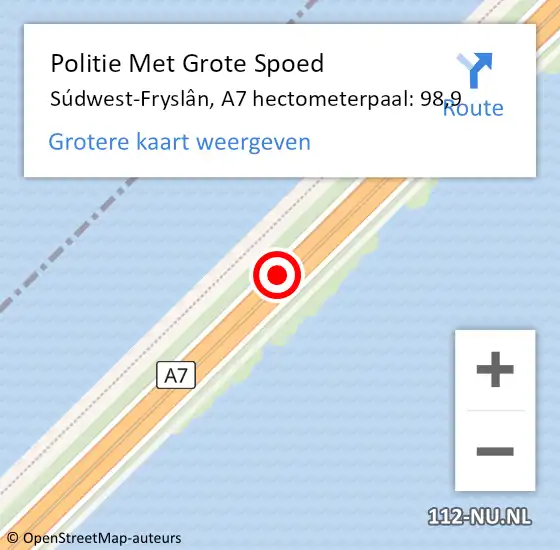 Locatie op kaart van de 112 melding: Politie Met Grote Spoed Naar Súdwest-Fryslân, A7 hectometerpaal: 98,9 op 26 januari 2023 17:20