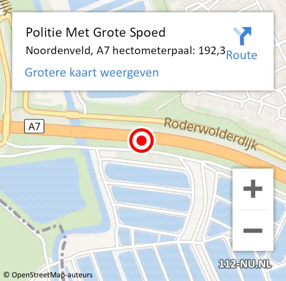 Locatie op kaart van de 112 melding: Politie Met Grote Spoed Naar Noordenveld, A7 hectometerpaal: 192,3 op 26 januari 2023 17:45