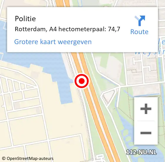 Locatie op kaart van de 112 melding: Politie Rotterdam, A4 hectometerpaal: 74,7 op 26 januari 2023 18:09
