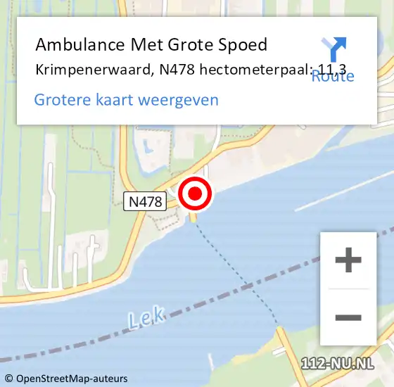 Locatie op kaart van de 112 melding: Ambulance Met Grote Spoed Naar Krimpenerwaard, N478 hectometerpaal: 11,3 op 26 januari 2023 21:47