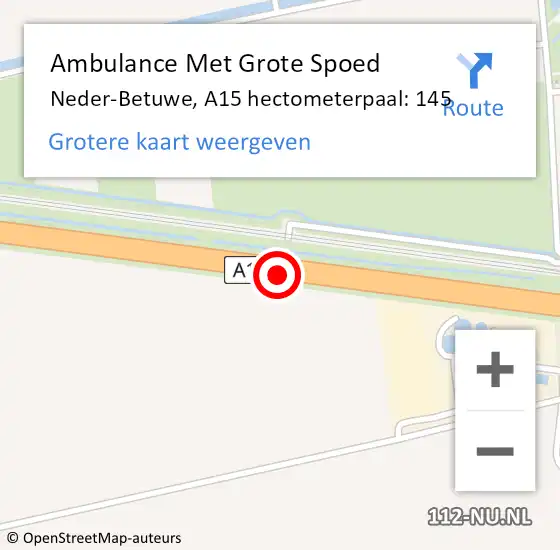 Locatie op kaart van de 112 melding: Ambulance Met Grote Spoed Naar Neder-Betuwe, A15 hectometerpaal: 145 op 26 januari 2023 23:23
