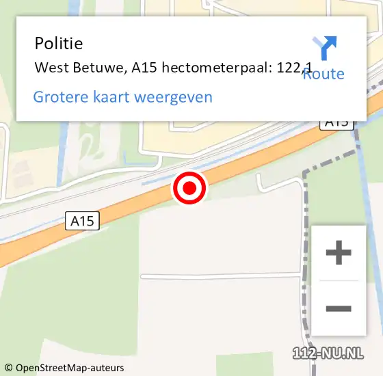 Locatie op kaart van de 112 melding: Politie West Betuwe, A15 hectometerpaal: 122,1 op 27 januari 2023 00:52