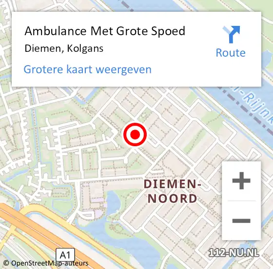 Locatie op kaart van de 112 melding: Ambulance Met Grote Spoed Naar Diemen, Kolgans op 27 januari 2023 09:26