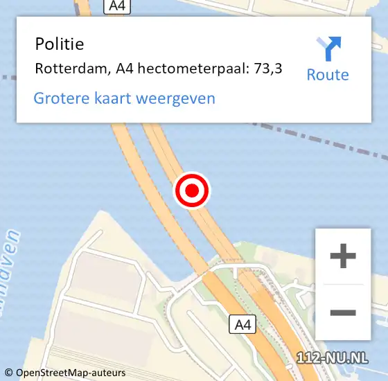 Locatie op kaart van de 112 melding: Politie Rotterdam, A4 hectometerpaal: 73,3 op 27 januari 2023 12:32