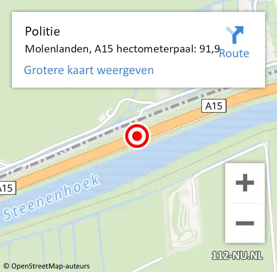 Locatie op kaart van de 112 melding: Politie Molenlanden, A15 hectometerpaal: 91,9 op 27 januari 2023 13:27