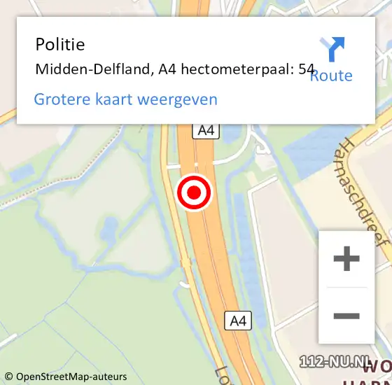 Locatie op kaart van de 112 melding: Politie Midden-Delfland, A4 hectometerpaal: 54 op 27 januari 2023 13:58
