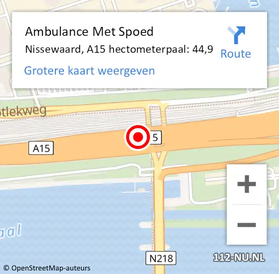 Locatie op kaart van de 112 melding: Ambulance Met Spoed Naar Nissewaard, A15 hectometerpaal: 44,9 op 27 januari 2023 15:09