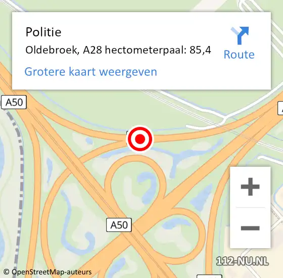 Locatie op kaart van de 112 melding: Politie Oldebroek, A28 hectometerpaal: 85,4 op 27 januari 2023 16:10