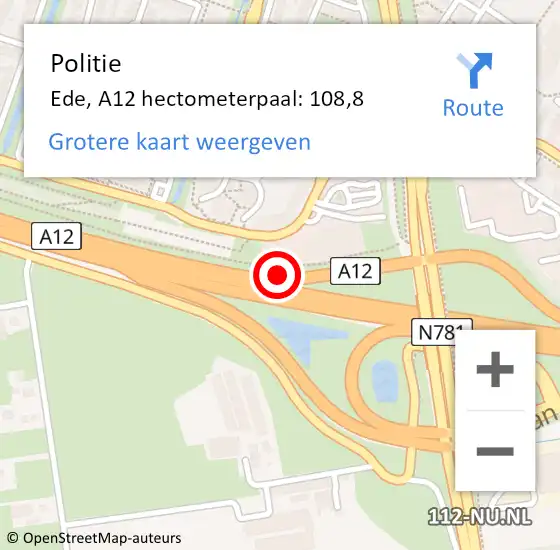 Locatie op kaart van de 112 melding: Politie Ede, A12 hectometerpaal: 108,8 op 27 januari 2023 16:29