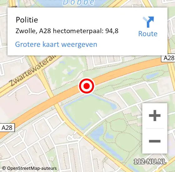 Locatie op kaart van de 112 melding: Politie Zwolle, A28 hectometerpaal: 94,8 op 27 januari 2023 19:05