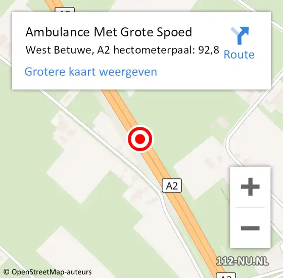 Locatie op kaart van de 112 melding: Ambulance Met Grote Spoed Naar West Betuwe, A2 hectometerpaal: 92,8 op 27 januari 2023 23:45