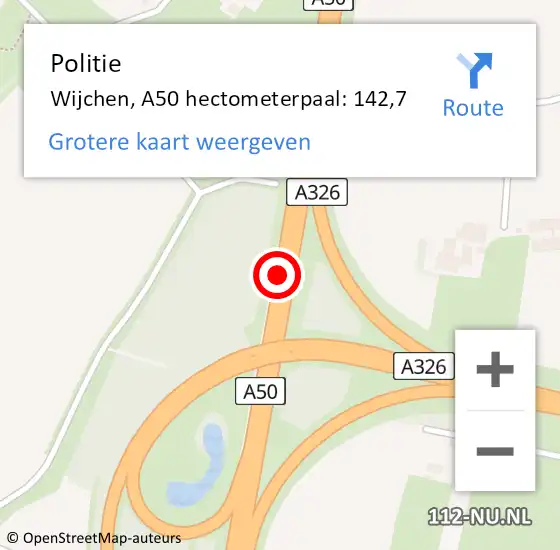 Locatie op kaart van de 112 melding: Politie Wijchen, A50 hectometerpaal: 142,7 op 28 januari 2023 00:07