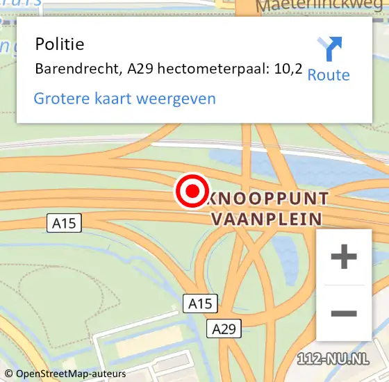 Locatie op kaart van de 112 melding: Politie Barendrecht, A29 hectometerpaal: 10,2 op 28 januari 2023 00:07