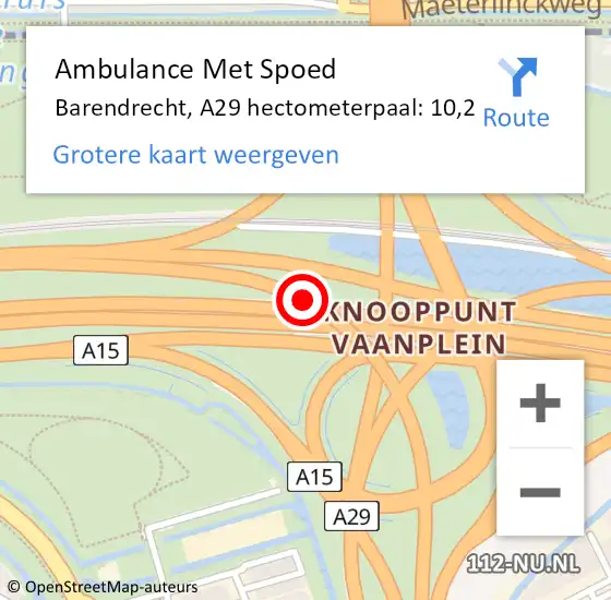 Locatie op kaart van de 112 melding: Ambulance Met Spoed Naar Barendrecht, A29 hectometerpaal: 10,2 op 28 januari 2023 00:10