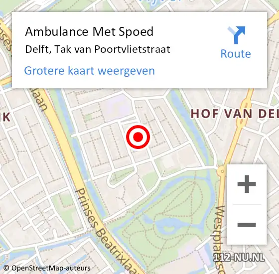 Locatie op kaart van de 112 melding: Ambulance Met Spoed Naar Delft, Tak van Poortvlietstraat op 28 januari 2023 00:27