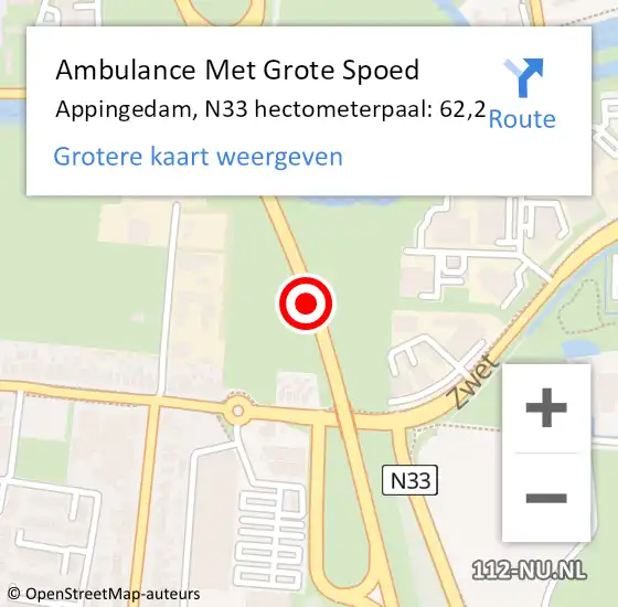 Locatie op kaart van de 112 melding: Ambulance Met Grote Spoed Naar Appingedam, N33 hectometerpaal: 62,2 op 13 augustus 2014 17:07