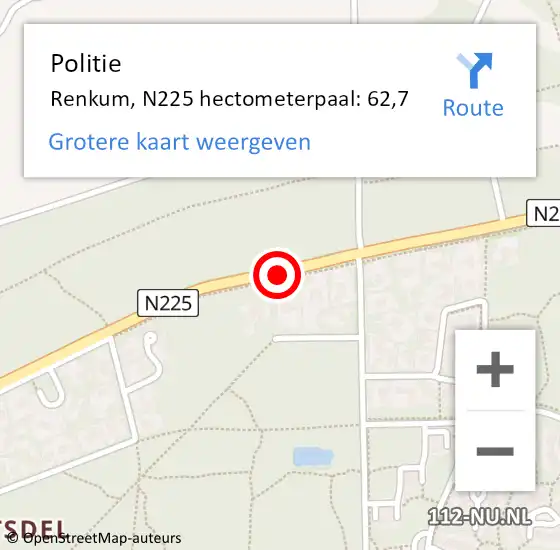 Locatie op kaart van de 112 melding: Politie Renkum, N225 hectometerpaal: 62,7 op 28 januari 2023 03:24