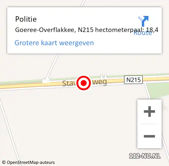 Locatie op kaart van de 112 melding: Politie Goeree-Overflakkee, N215 hectometerpaal: 18,4 op 28 januari 2023 11:44