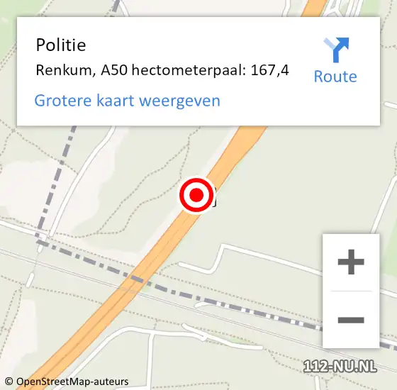 Locatie op kaart van de 112 melding: Politie Renkum, A50 hectometerpaal: 167,4 op 28 januari 2023 13:08