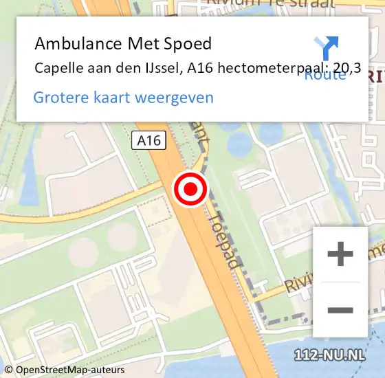Locatie op kaart van de 112 melding: Ambulance Met Spoed Naar Capelle aan den IJssel, A16 hectometerpaal: 20,3 op 28 januari 2023 13:43