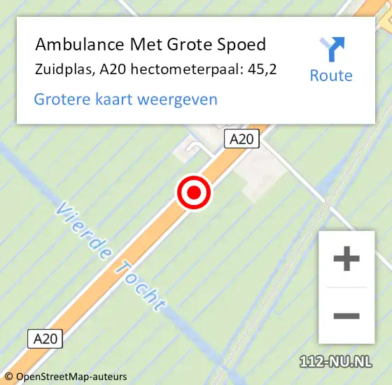 Locatie op kaart van de 112 melding: Ambulance Met Grote Spoed Naar Zuidplas, A20 hectometerpaal: 45,2 op 28 januari 2023 14:12