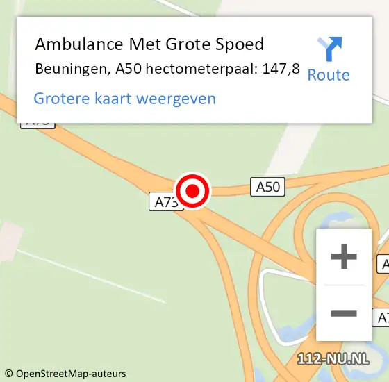 Locatie op kaart van de 112 melding: Ambulance Met Grote Spoed Naar Beuningen, A50 hectometerpaal: 147,8 op 28 januari 2023 17:45