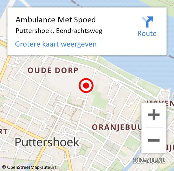 Locatie op kaart van de 112 melding: Ambulance Met Spoed Naar Puttershoek, Eendrachtsweg op 28 januari 2023 18:49