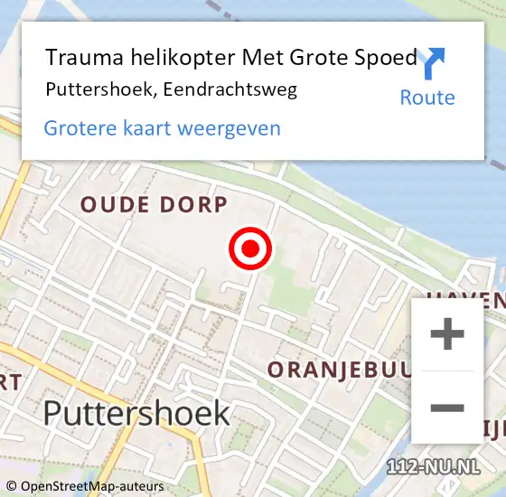 Locatie op kaart van de 112 melding: Trauma helikopter Met Grote Spoed Naar Puttershoek, Eendrachtsweg op 28 januari 2023 18:52