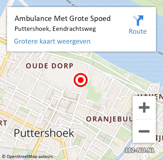 Locatie op kaart van de 112 melding: Ambulance Met Grote Spoed Naar Puttershoek, Eendrachtsweg op 28 januari 2023 19:06