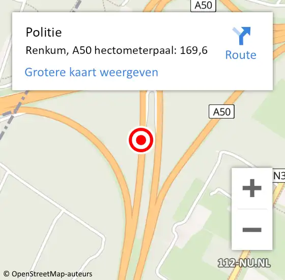 Locatie op kaart van de 112 melding: Politie Renkum, A50 hectometerpaal: 169,6 op 28 januari 2023 22:33
