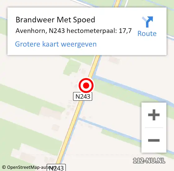 Locatie op kaart van de 112 melding: Brandweer Met Spoed Naar Avenhorn, N243 hectometerpaal: 17,9 op 13 augustus 2014 20:24