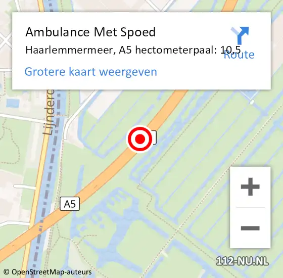 Locatie op kaart van de 112 melding: Ambulance Met Spoed Naar Haarlemmermeer, A5 hectometerpaal: 10,5 op 29 januari 2023 17:08