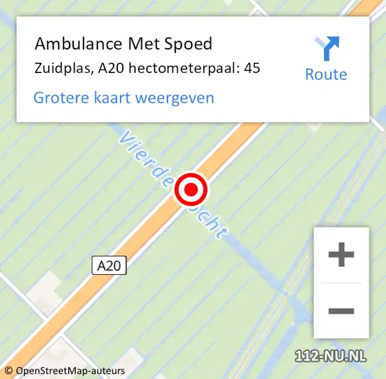 Locatie op kaart van de 112 melding: Ambulance Met Spoed Naar Zuidplas, A20 hectometerpaal: 45 op 29 januari 2023 18:34