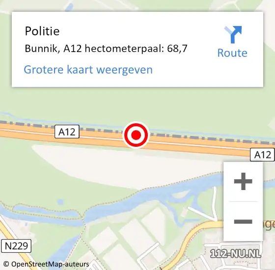 Locatie op kaart van de 112 melding: Politie Bunnik, A12 hectometerpaal: 68,7 op 30 januari 2023 01:16