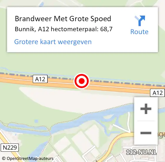 Locatie op kaart van de 112 melding: Brandweer Met Grote Spoed Naar Bunnik, A12 hectometerpaal: 68,7 op 30 januari 2023 01:19