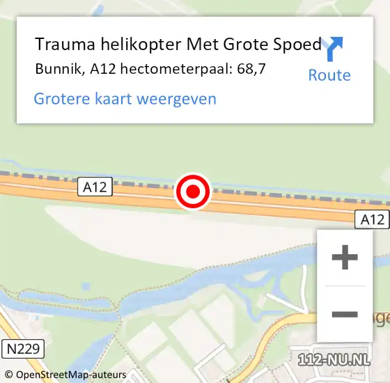 Locatie op kaart van de 112 melding: Trauma helikopter Met Grote Spoed Naar Bunnik, A12 hectometerpaal: 68,7 op 30 januari 2023 01:25